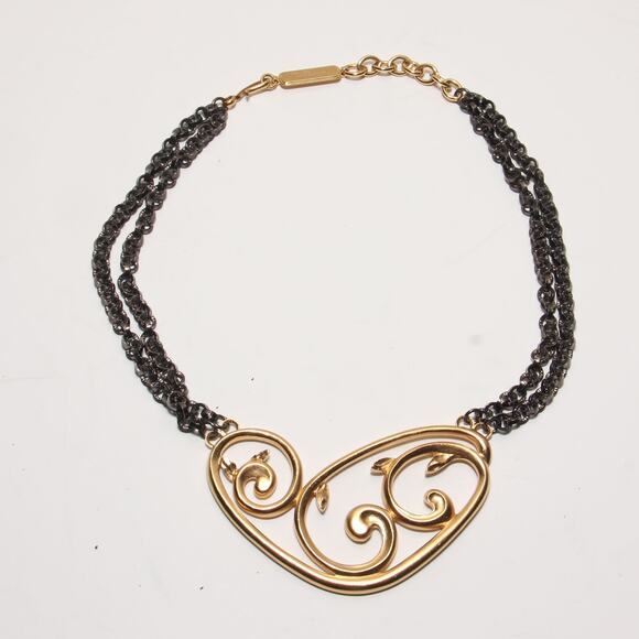Vintage 80s Yves Saint Laurent Vermeil Gold & Gunmetal Necklace Limited Edition - Picture 3 of 6